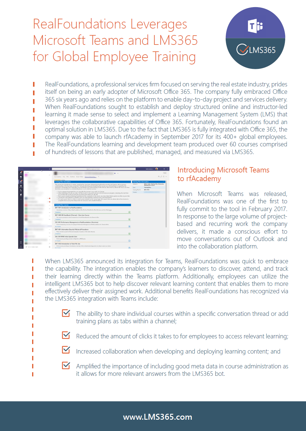 Screenshot of LMS365 Case Study focused on Microsoft Teams, featuring RealFoundations